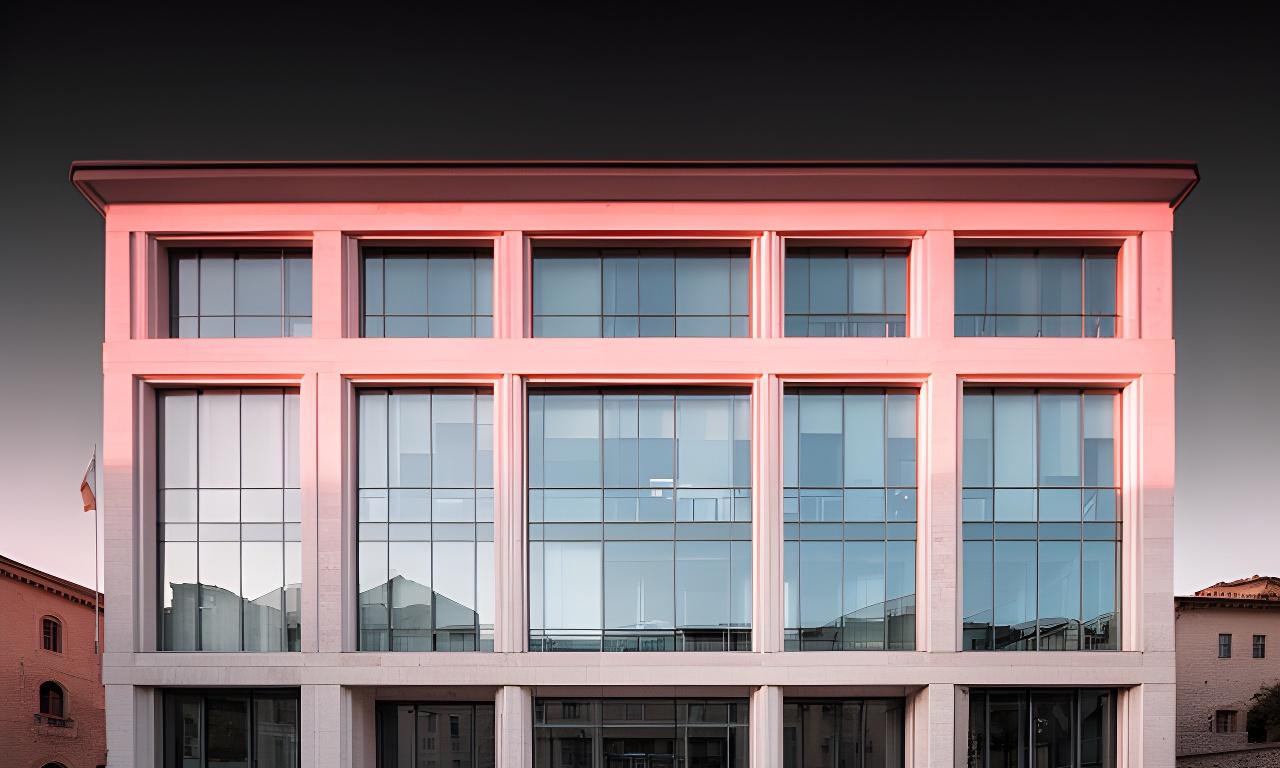 Facciata elegante di uno studio legale a Perugia con vetrate moderne e luce naturale del tardo pomeriggio